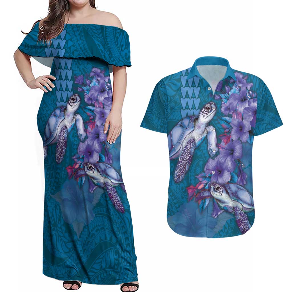 Hawaiian Turtle Love Couple Couples Matching Off Shoulder Maxi Dress and Hawaiian Shirt - Sweet Hibiscus and Kakau Pattern Sapphire Color