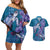 Hawaiian Turtle Love Couple Couples Matching Off Shoulder Short Dress and Hawaiian Shirt - Sweet Hibiscus and Kakau Pattern Sapphire Color