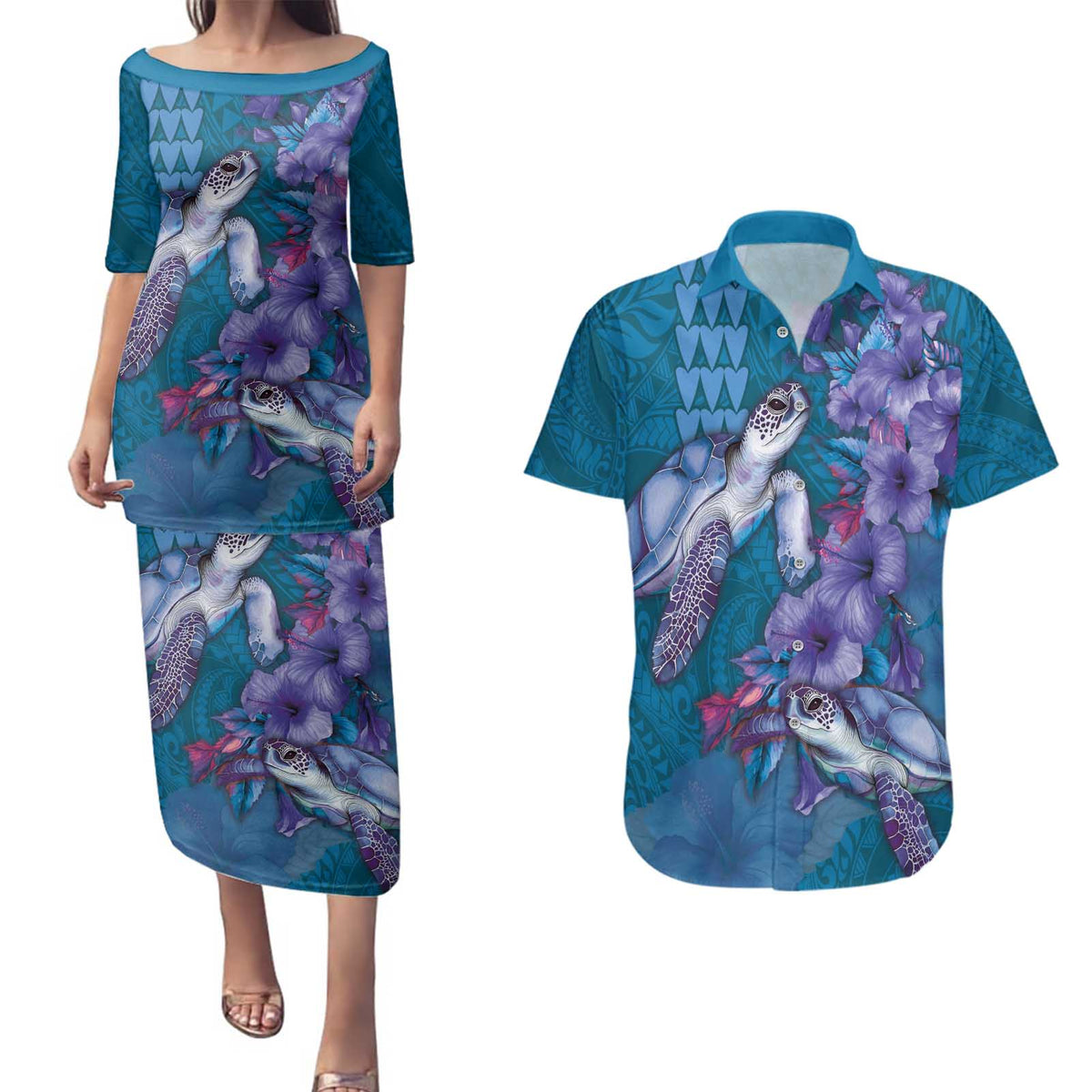 Hawaiian Turtle Love Couple Couples Matching Puletasi and Hawaiian Shirt - Sweet Hibiscus and Kakau Pattern Sapphire Color