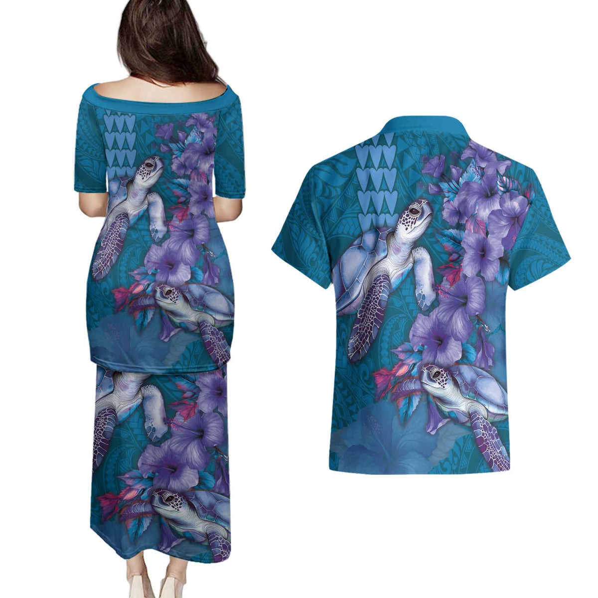 Hawaiian Turtle Love Couple Couples Matching Puletasi and Hawaiian Shirt - Sweet Hibiscus and Kakau Pattern Sapphire Color