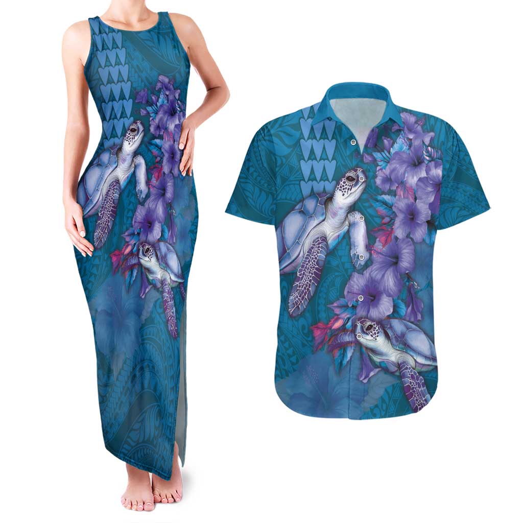 Hawaiian Turtle Love Couple Couples Matching Tank Maxi Dress and Hawaiian Shirt - Sweet Hibiscus and Kakau Pattern Sapphire Color