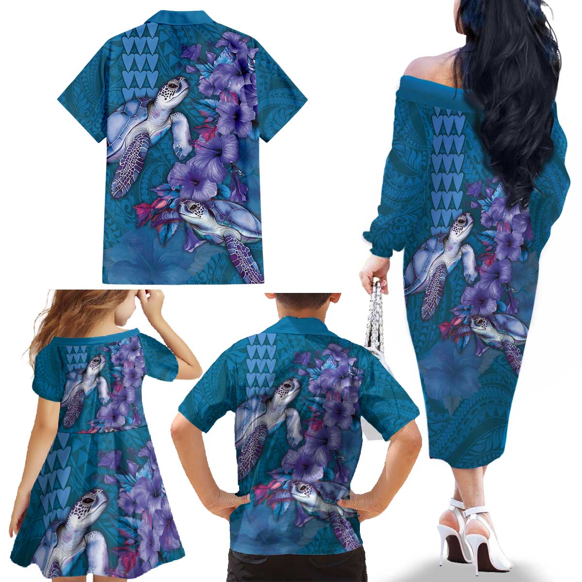 Hawaiian Turtle Love Couple Family Matching Off The Shoulder Long Sleeve Dress and Hawaiian Shirt - Sweet Hibiscus and Kakau Pattern Sapphire Color