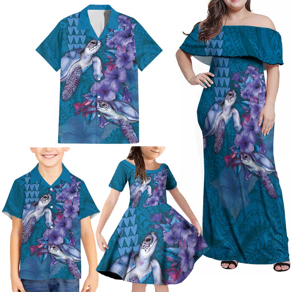 Hawaiian Turtle Love Couple Family Matching Off Shoulder Maxi Dress and Hawaiian Shirt - Sweet Hibiscus and Kakau Pattern Sapphire Color