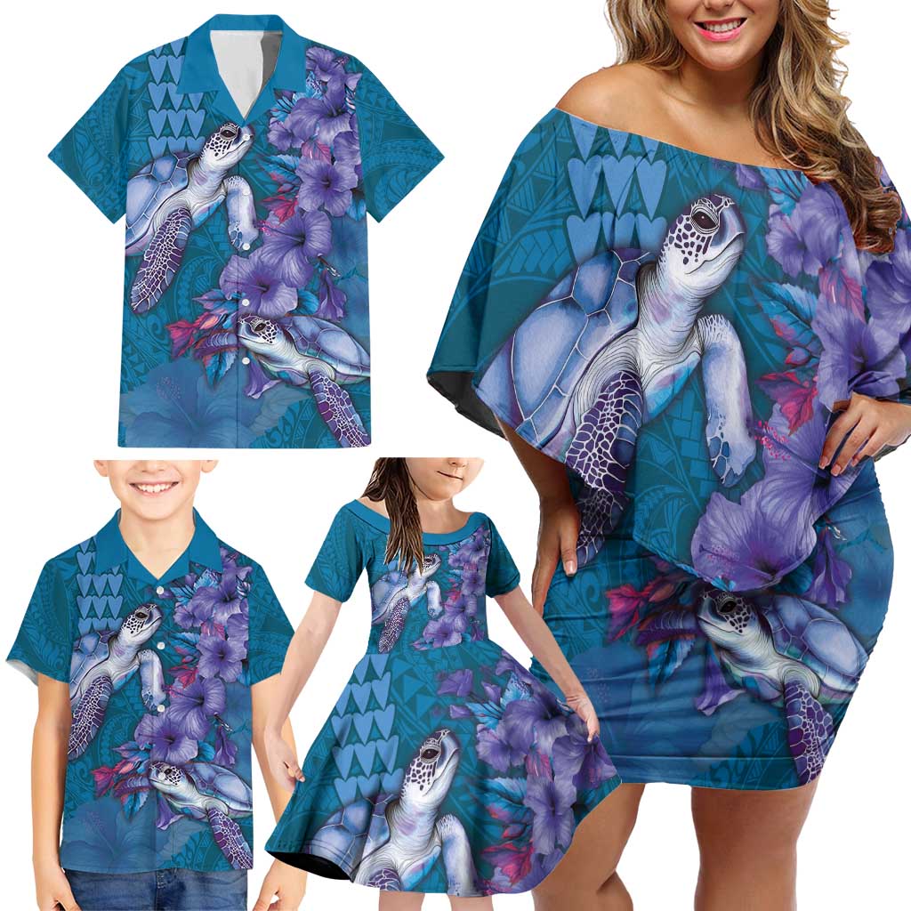 Hawaiian Turtle Love Couple Family Matching Off Shoulder Short Dress and Hawaiian Shirt - Sweet Hibiscus and Kakau Pattern Sapphire Color