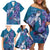 Hawaiian Turtle Love Couple Family Matching Off Shoulder Short Dress and Hawaiian Shirt - Sweet Hibiscus and Kakau Pattern Sapphire Color