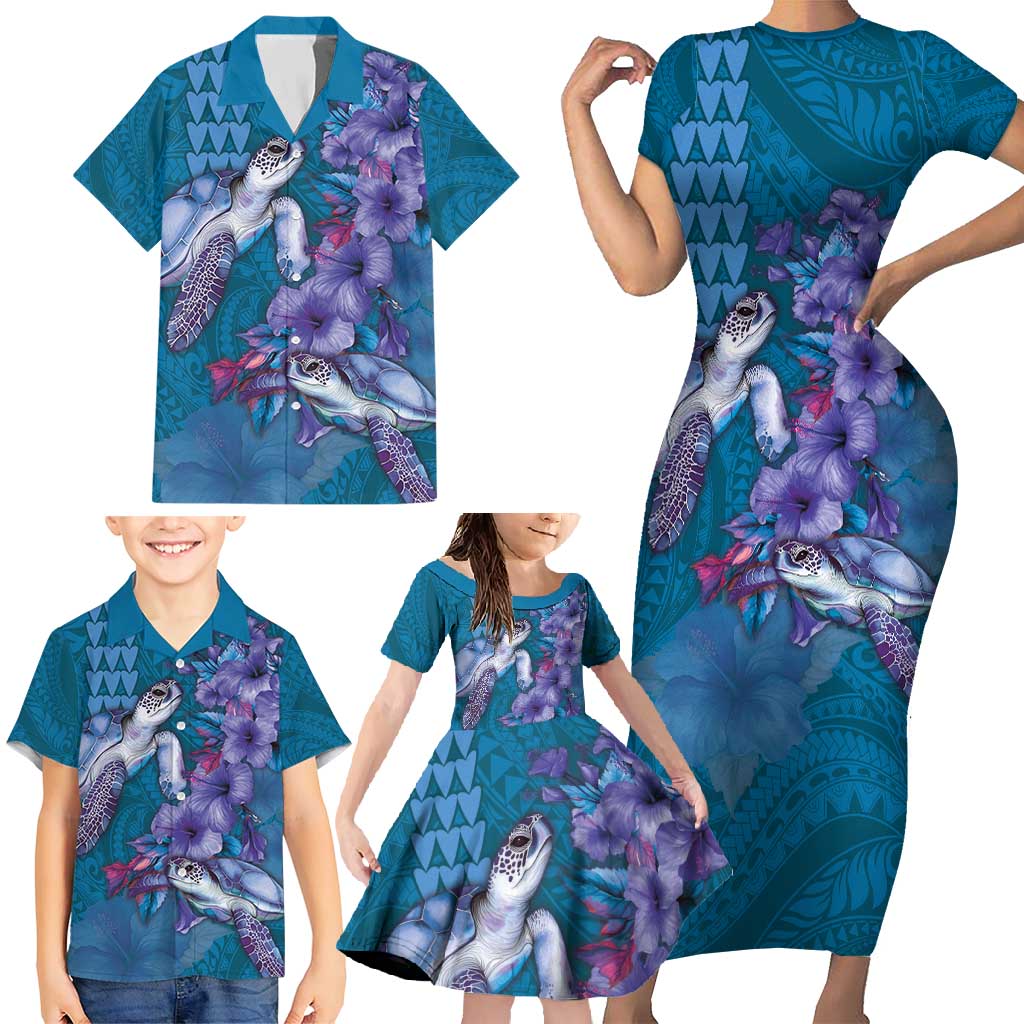 Hawaiian Turtle Love Couple Family Matching Short Sleeve Bodycon Dress and Hawaiian Shirt - Sweet Hibiscus and Kakau Pattern Sapphire Color