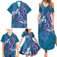 Hawaiian Turtle Love Couple Family Matching Summer Maxi Dress and Hawaiian Shirt - Sweet Hibiscus and Kakau Pattern Sapphire Color