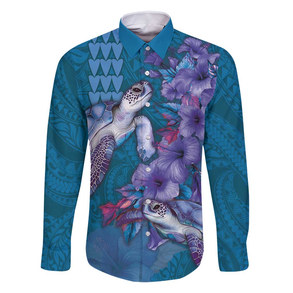 Hawaiian Turtle Love Couple Family Matching Summer Maxi Dress and Hawaiian Shirt - Sweet Hibiscus and Kakau Pattern Sapphire Color