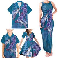Hawaiian Turtle Love Couple Family Matching Tank Maxi Dress and Hawaiian Shirt - Sweet Hibiscus and Kakau Pattern Sapphire Color