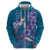 Hawaiian Turtle Love Couple Hoodie - Sweet Hibiscus and Kakau Pattern Sapphire Color