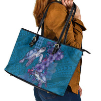 Hawaiian Turtle Love Couple Leather Tote Bag - Sweet Hibiscus and Kakau Pattern Sapphire Color
