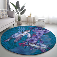 Hawaiian Turtle Love Couple Round Carpet - Sweet Hibiscus and Kakau Pattern Sapphire Color