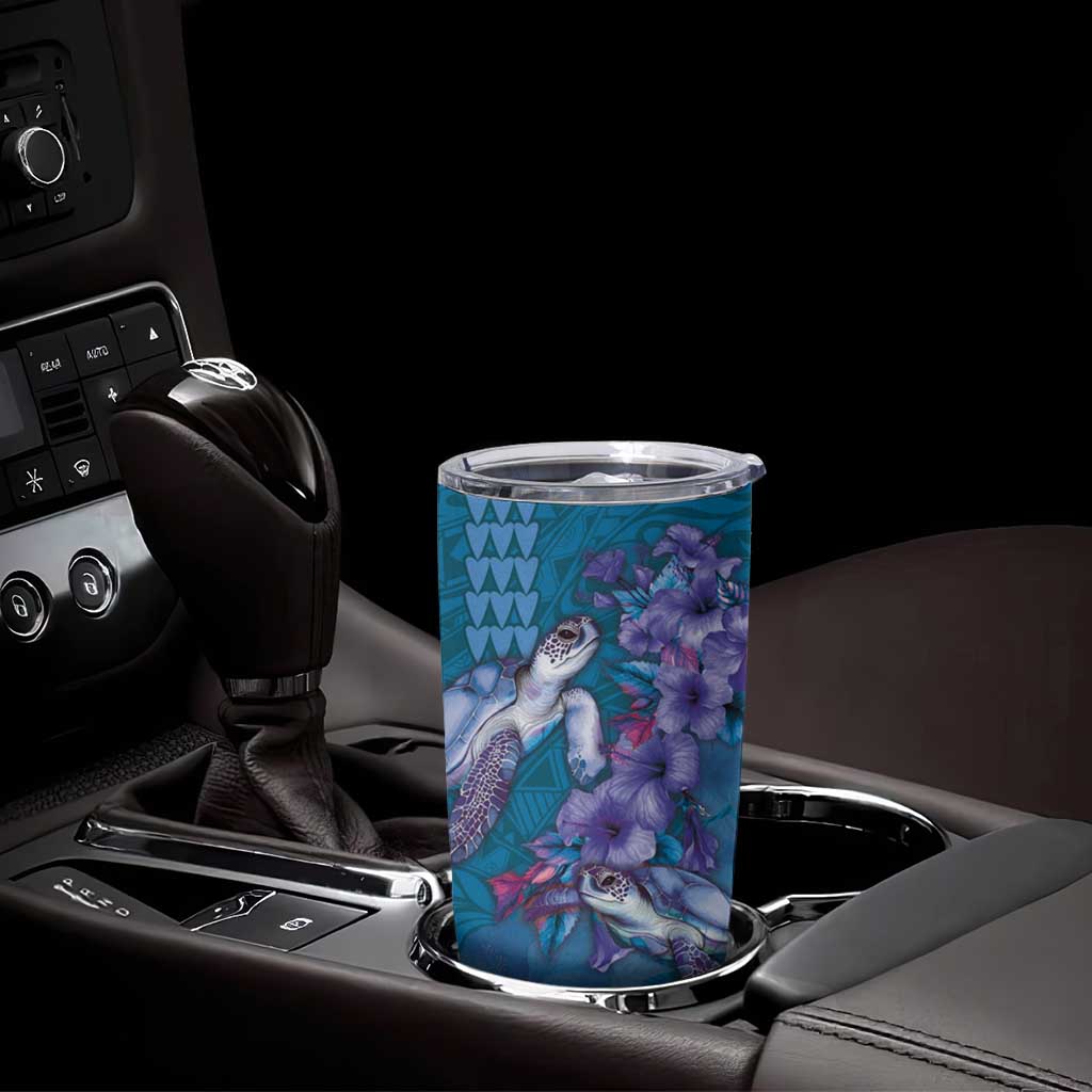 Hawaiian Turtle Love Couple Tumbler Cup Sweet Hibiscus and Kakau Pattern Sapphire Color