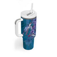Hawaiian Turtle Love Couple Tumbler With Handle Sweet Hibiscus and Kakau Pattern Sapphire Color