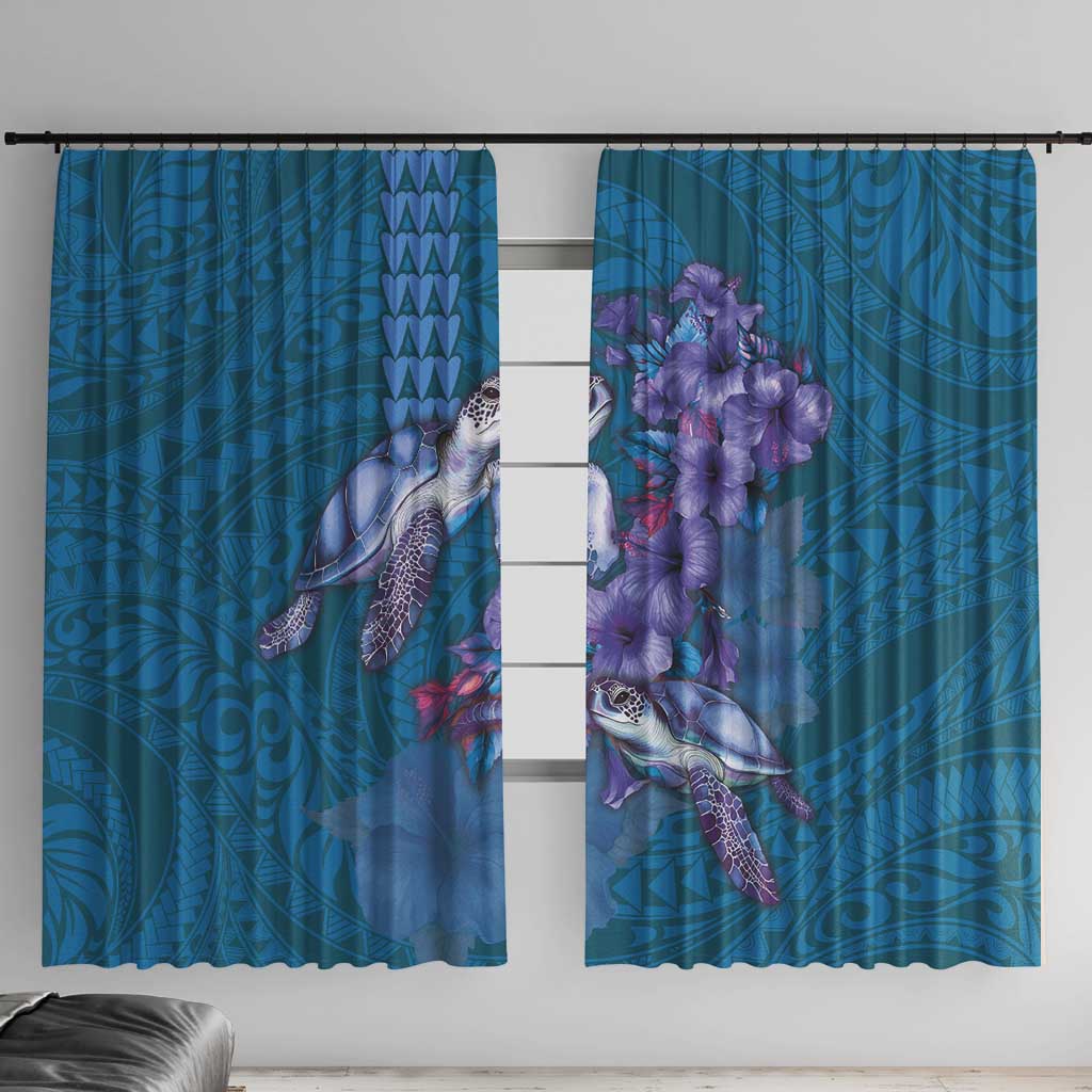 Hawaiian Turtle Love Couple Window Curtain - Sweet Hibiscus and Kakau Pattern Sapphire Color