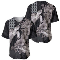 Hawaiian Turtle Love Couple Baseball Jersey - Sweet Hibiscus and Kakau Pattern Grayscale Color