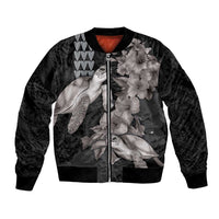Hawaiian Turtle Love Couple Bomber Jacket - Sweet Hibiscus and Kakau Pattern Grayscale Color LT03 Unisex Black - Polynesian Pride