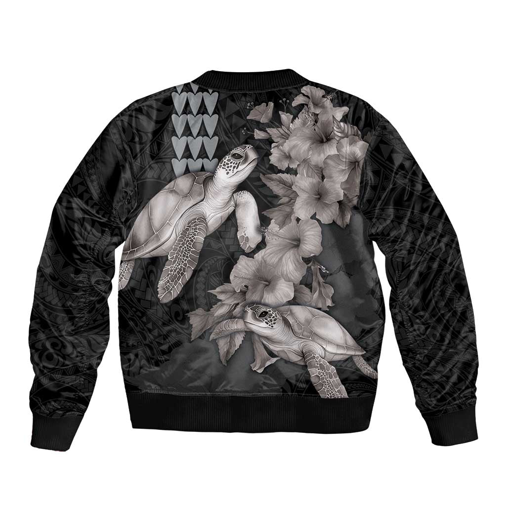 Hawaiian Turtle Love Couple Bomber Jacket - Sweet Hibiscus and Kakau Pattern Grayscale Color LT03 - Polynesian Pride