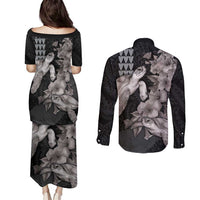 Hawaiian Turtle Love Couple Couples Matching Puletasi and Long Sleeve Button Shirt - Sweet Hibiscus and Kakau Pattern Grayscale Color
