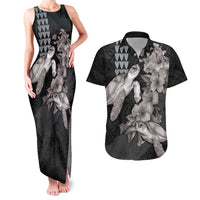 Hawaiian Turtle Love Couple Couples Matching Tank Maxi Dress and Hawaiian Shirt - Sweet Hibiscus and Kakau Pattern Grayscale Color