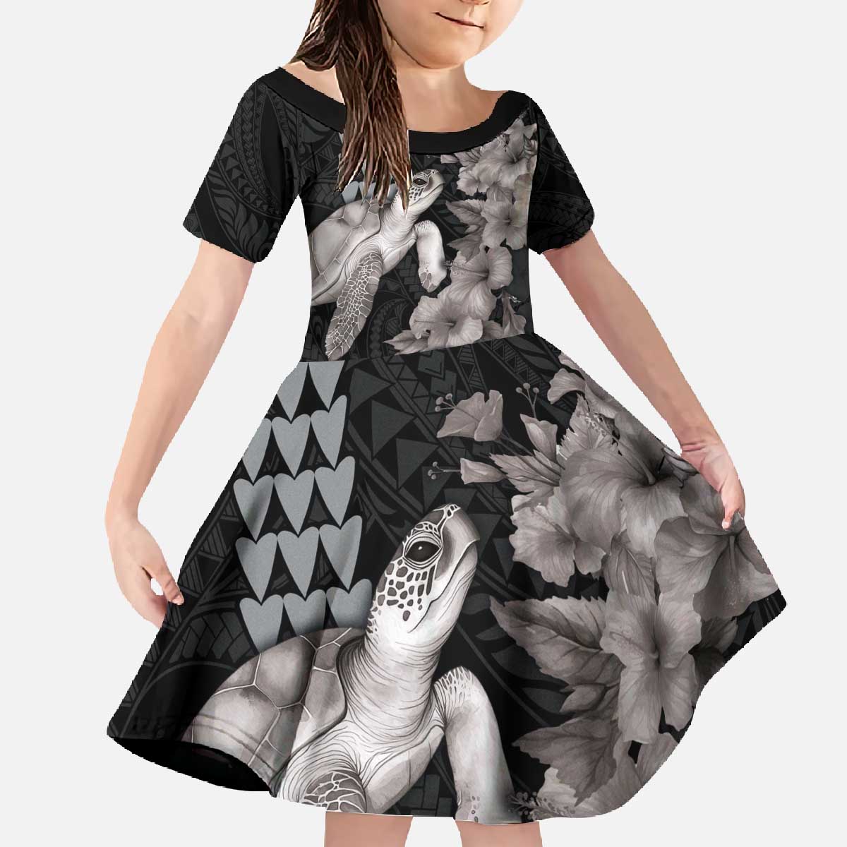 Hawaiian Turtle Love Couple Family Matching Off The Shoulder Long Sleeve Dress and Hawaiian Shirt - Sweet Hibiscus and Kakau Pattern Grayscale Color