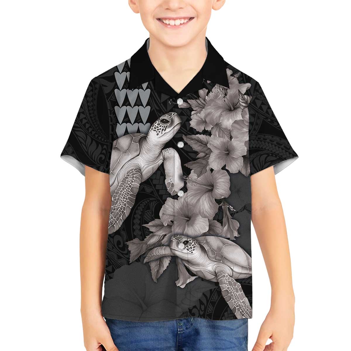 Hawaiian Turtle Love Couple Family Matching Off The Shoulder Long Sleeve Dress and Hawaiian Shirt - Sweet Hibiscus and Kakau Pattern Grayscale Color