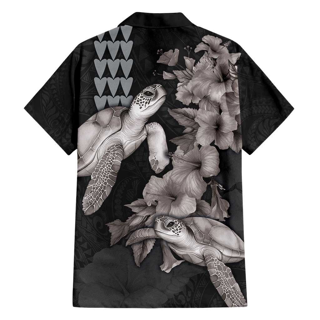 Hawaiian Turtle Love Couple Family Matching Off Shoulder Short Dress and Hawaiian Shirt - Sweet Hibiscus and Kakau Pattern Grayscale Color