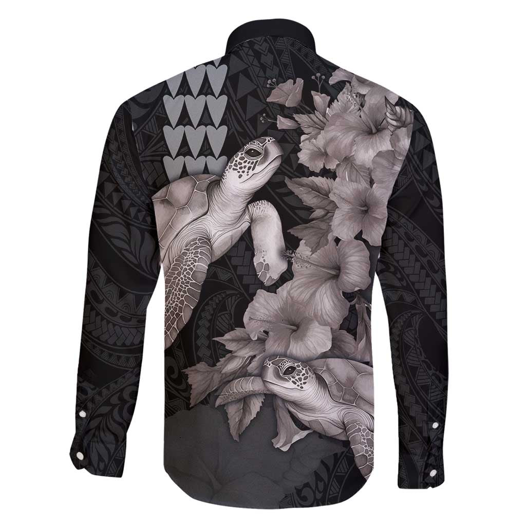 Hawaiian Turtle Love Couple Family Matching Off Shoulder Short Dress and Hawaiian Shirt - Sweet Hibiscus and Kakau Pattern Grayscale Color