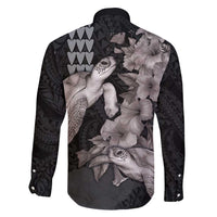 Hawaiian Turtle Love Couple Family Matching Off Shoulder Short Dress and Hawaiian Shirt - Sweet Hibiscus and Kakau Pattern Grayscale Color