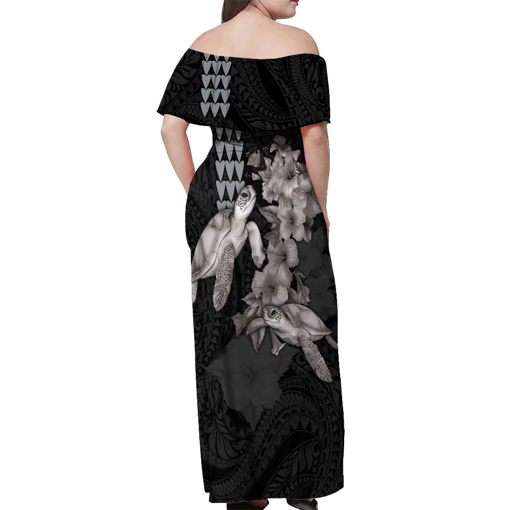 Hawaiian Turtle Love Couple Off Shoulder Maxi Dress - Sweet Hibiscus and Kakau Pattern Grayscale Color