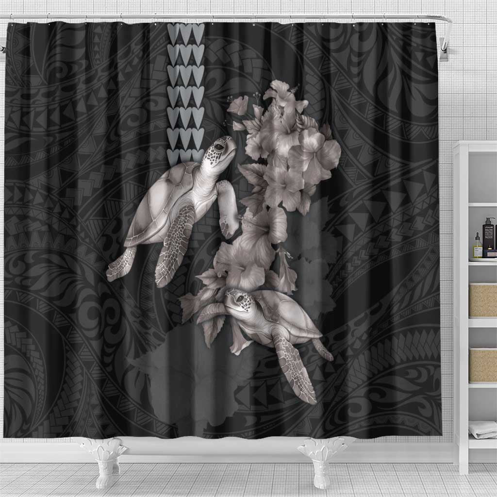 Hawaiian Turtle Love Couple Shower Curtain - Sweet Hibiscus and Kakau Pattern Grayscale Color