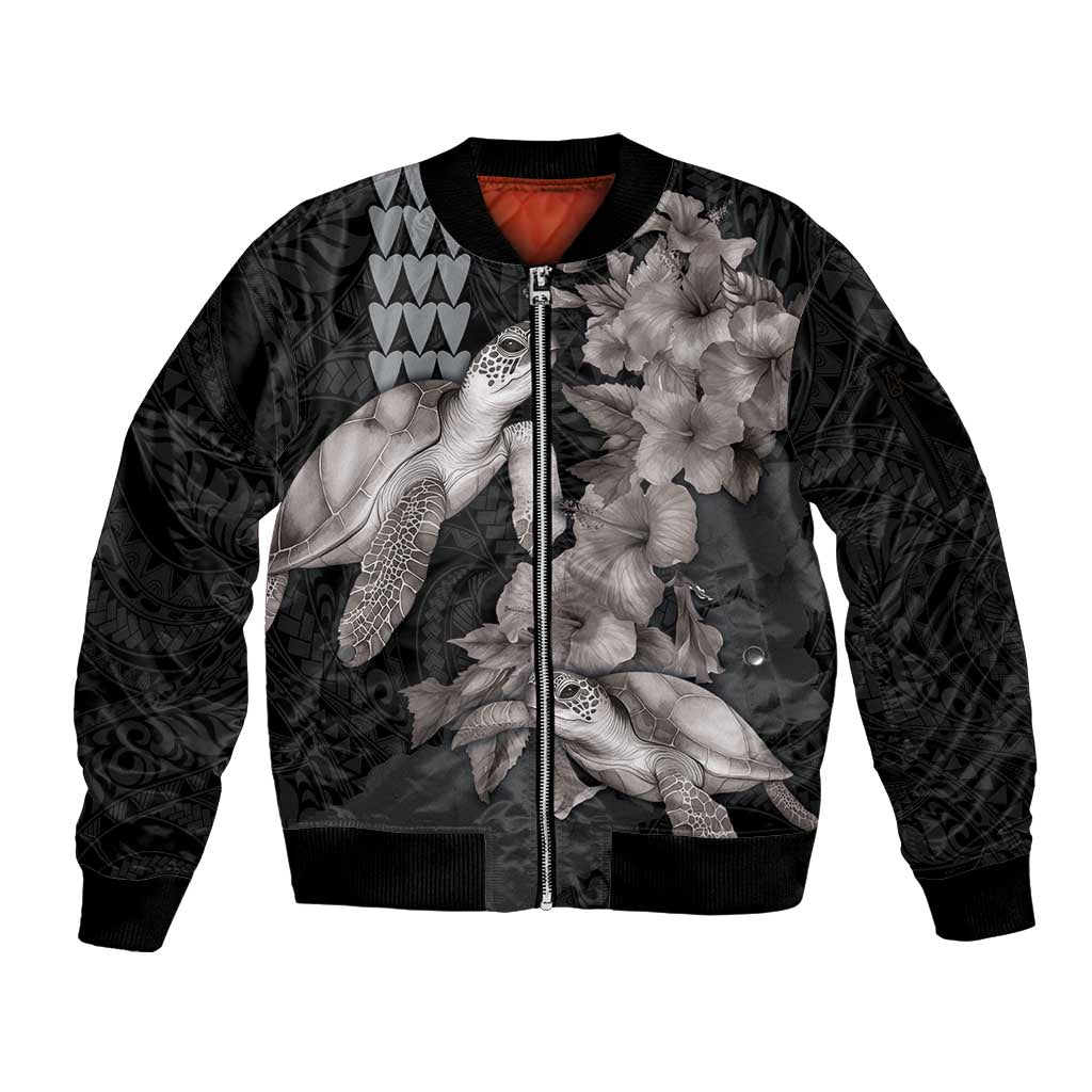 Hawaiian Turtle Love Couple Sleeve Zip Bomber Jacket - Sweet Hibiscus and Kakau Pattern Grayscale Color LT03 Unisex Black - Polynesian Pride