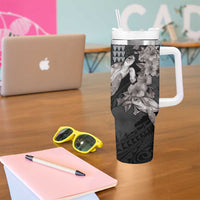Hawaiian Turtle Love Couple Tumbler With Handle Sweet Hibiscus and Kakau Pattern Grayscale Color