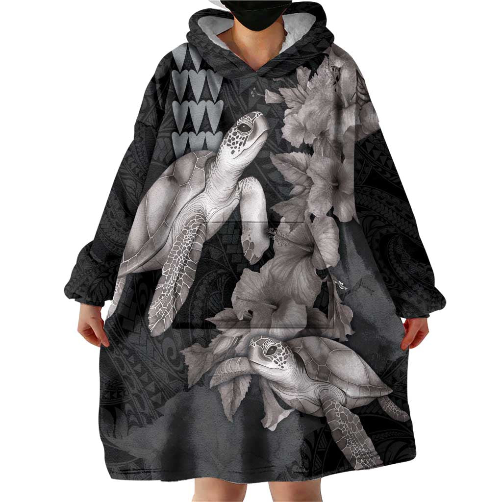 Hawaiian Turtle Love Couple Wearable Blanket Hoodie - Sweet Hibiscus and Kakau Pattern Grayscale Color