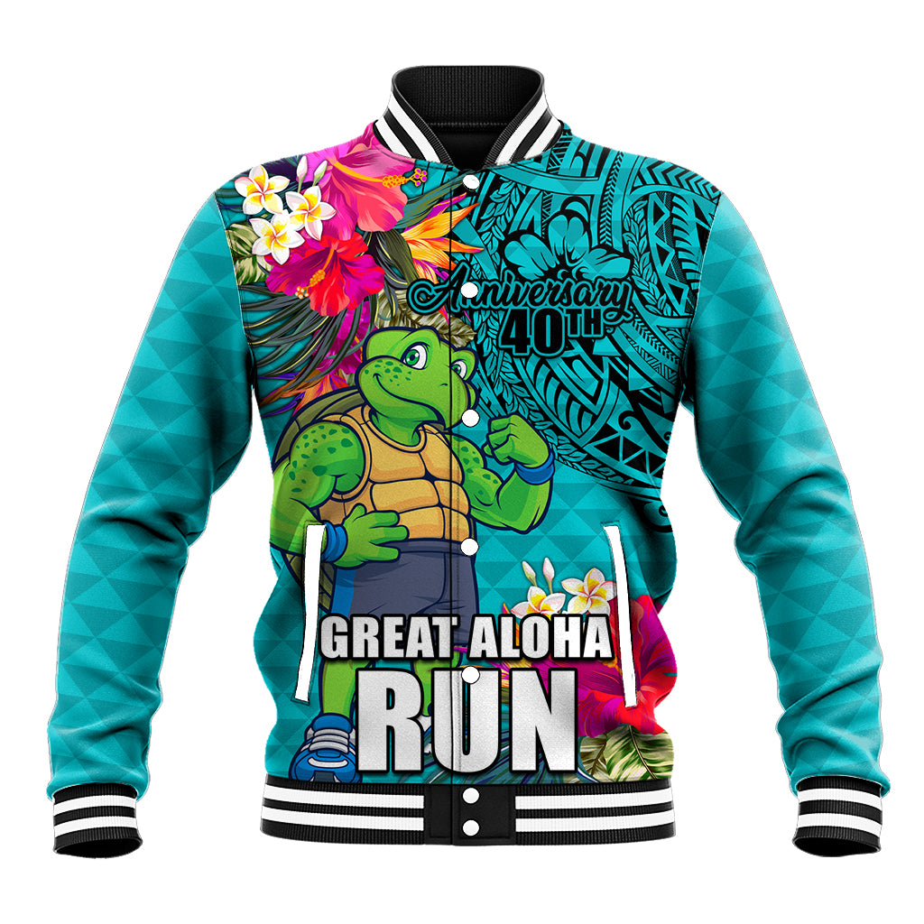 Hawaii Great Aloha Run 40th Anniversary Baseball Jacket With Turtle Mascot Marathon Hibiscus and Kakau LT03 Unisex Turquoise - Polynesian Pride