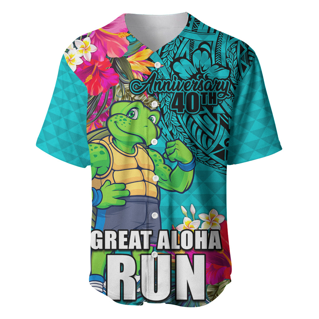 Hawaii Great Aloha Run 40th Anniversary Baseball Jersey With Turtle Mascot Marathon Hibiscus and Kakau LT03 Turquoise - Polynesian Pride