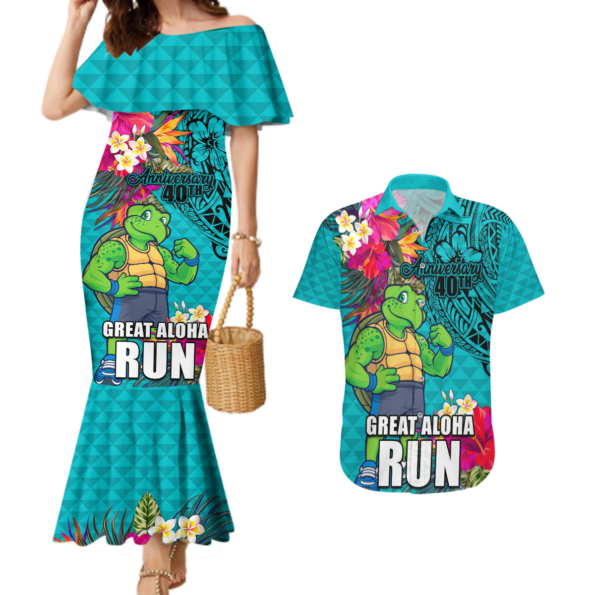 Hawaii Great Aloha Run 40th Anniversary Couples Matching Mermaid Dress and Hawaiian Shirt With Turtle Mascot Marathon Hibiscus and Kakau LT03 Turquoise - Polynesian Pride