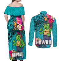 Hawaii Great Aloha Run 40th Anniversary Couples Matching Off Shoulder Maxi Dress and Long Sleeve Button Shirt With Turtle Mascot Marathon Hibiscus and Kakau LT03 - Polynesian Pride