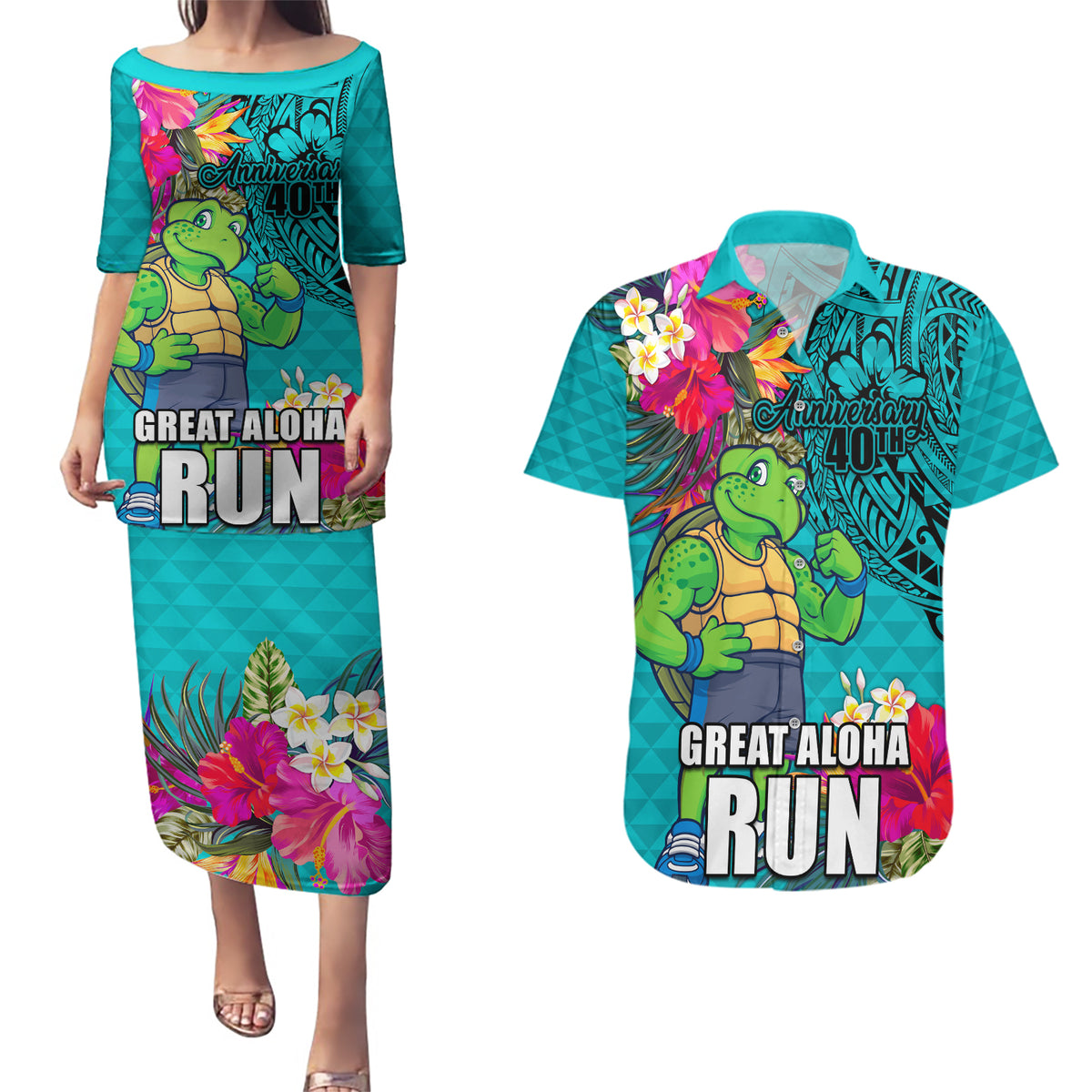 Hawaii Great Aloha Run 40th Anniversary Couples Matching Puletasi and Hawaiian Shirt With Turtle Mascot Marathon Hibiscus and Kakau LT03 Turquoise - Polynesian Pride