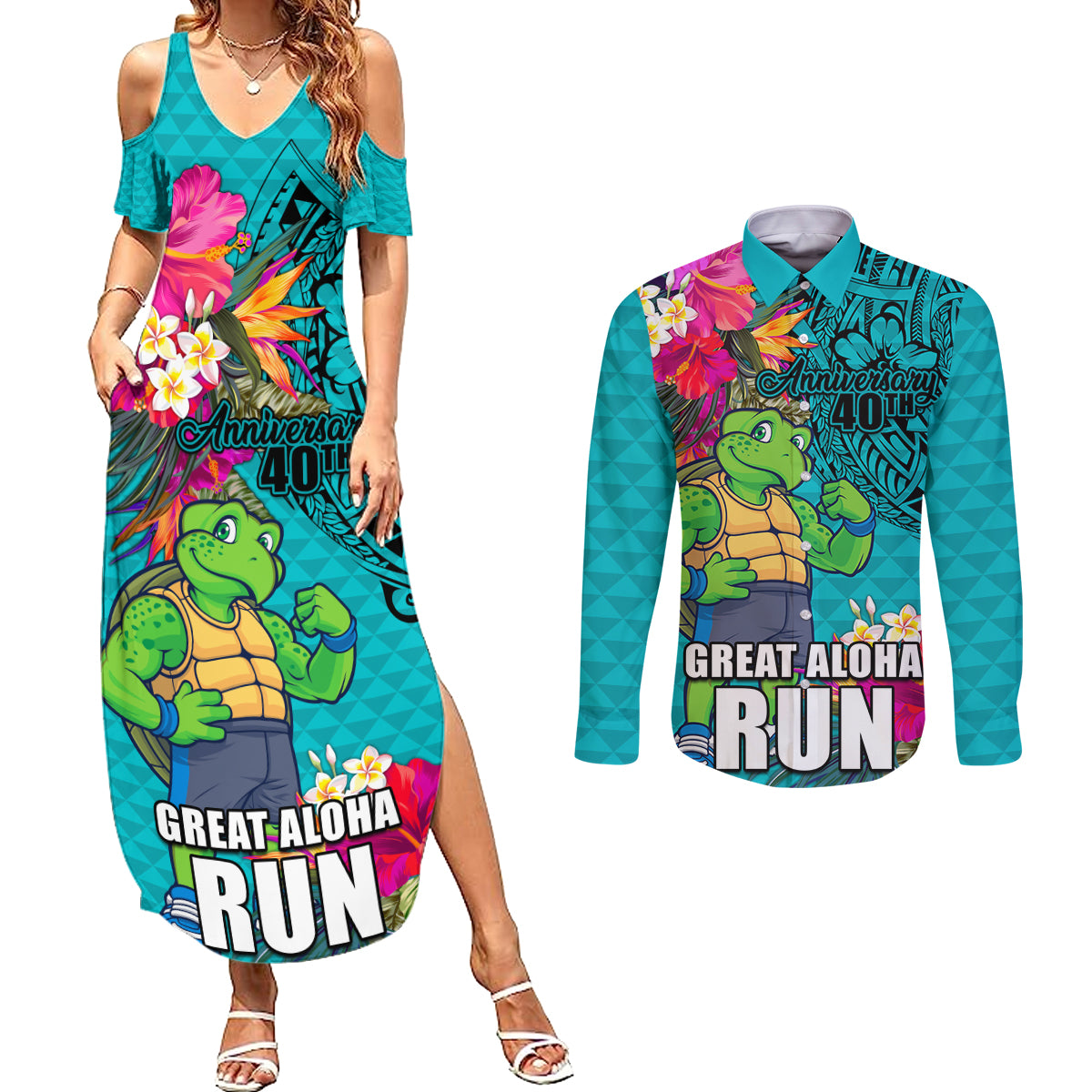 Hawaii Great Aloha Run 40th Anniversary Couples Matching Summer Maxi Dress and Long Sleeve Button Shirt With Turtle Mascot Marathon Hibiscus and Kakau LT03 Turquoise - Polynesian Pride