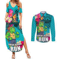 Hawaii Great Aloha Run 40th Anniversary Couples Matching Summer Maxi Dress and Long Sleeve Button Shirt With Turtle Mascot Marathon Hibiscus and Kakau LT03 Turquoise - Polynesian Pride