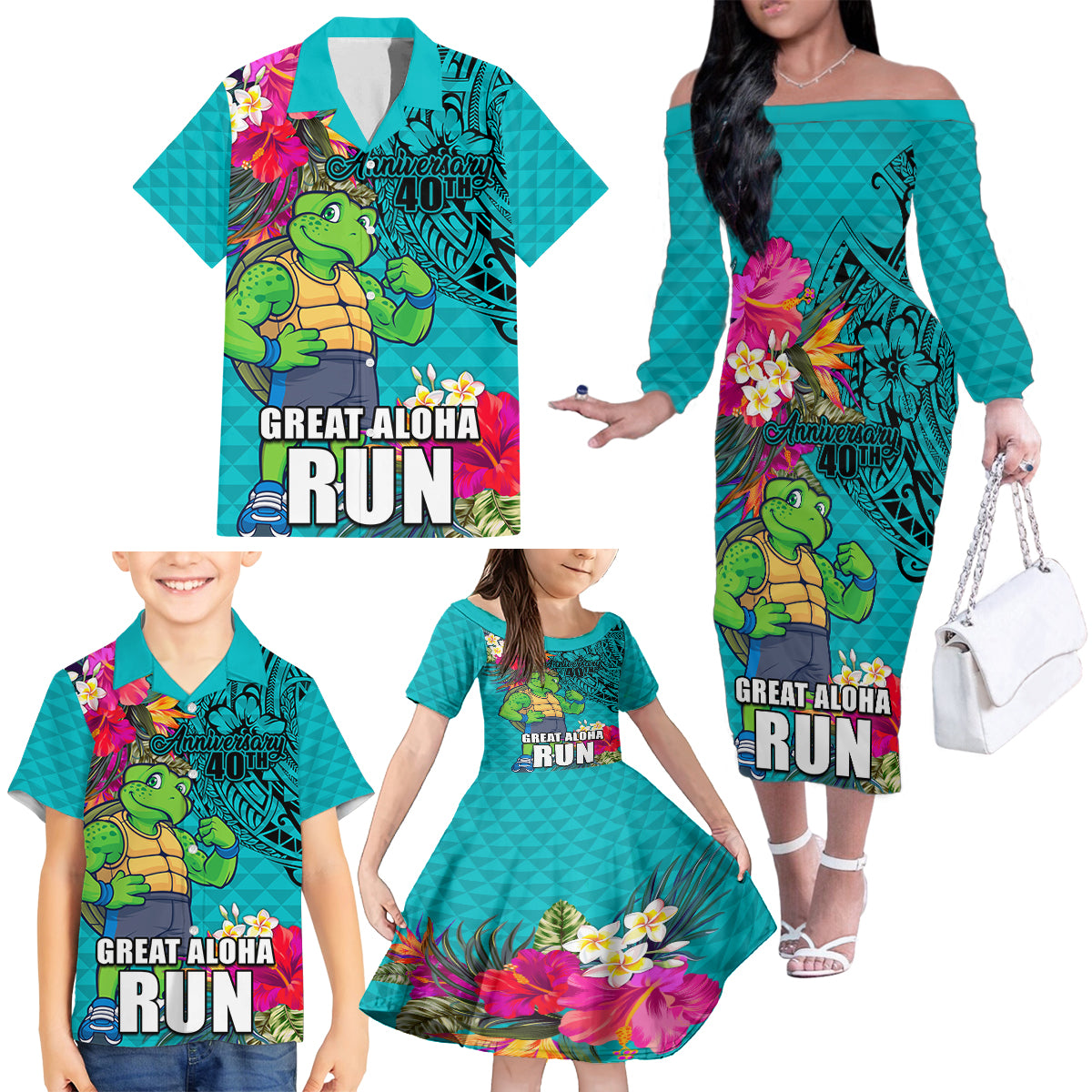 Hawaii Great Aloha Run 40th Anniversary Family Matching Off Shoulder Long Sleeve Dress and Hawaiian Shirt With Turtle Mascot Marathon Hibiscus and Kakau LT03 - Polynesian Pride