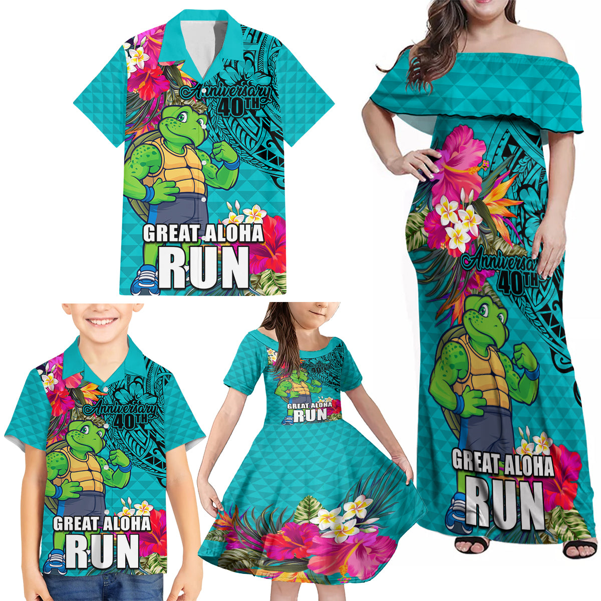 Hawaii Great Aloha Run 40th Anniversary Family Matching Off Shoulder Maxi Dress and Hawaiian Shirt With Turtle Mascot Marathon Hibiscus and Kakau LT03 - Polynesian Pride