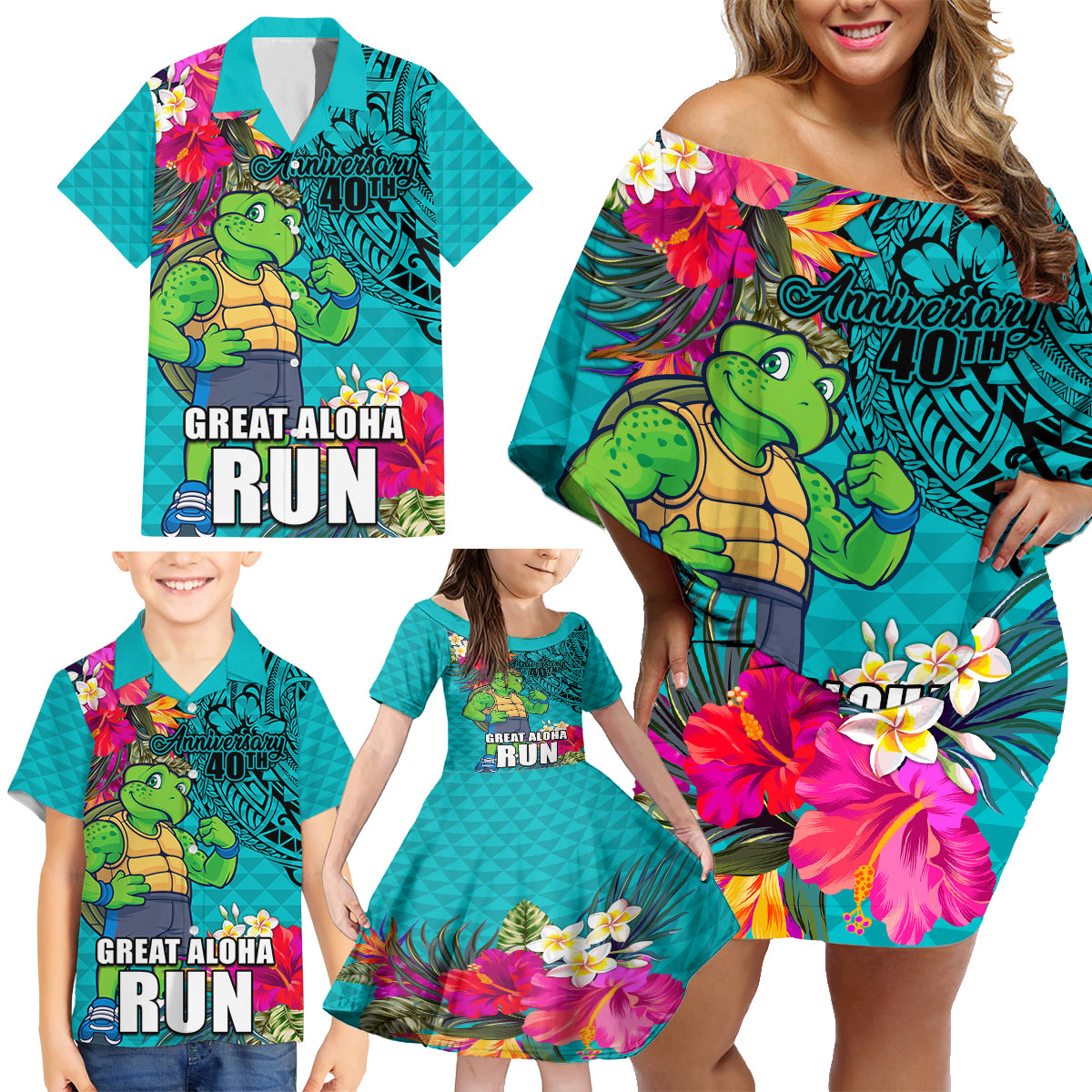 Hawaii Great Aloha Run 40th Anniversary Family Matching Off Shoulder Short Dress and Hawaiian Shirt With Turtle Mascot Marathon Hibiscus and Kakau LT03 - Polynesian Pride