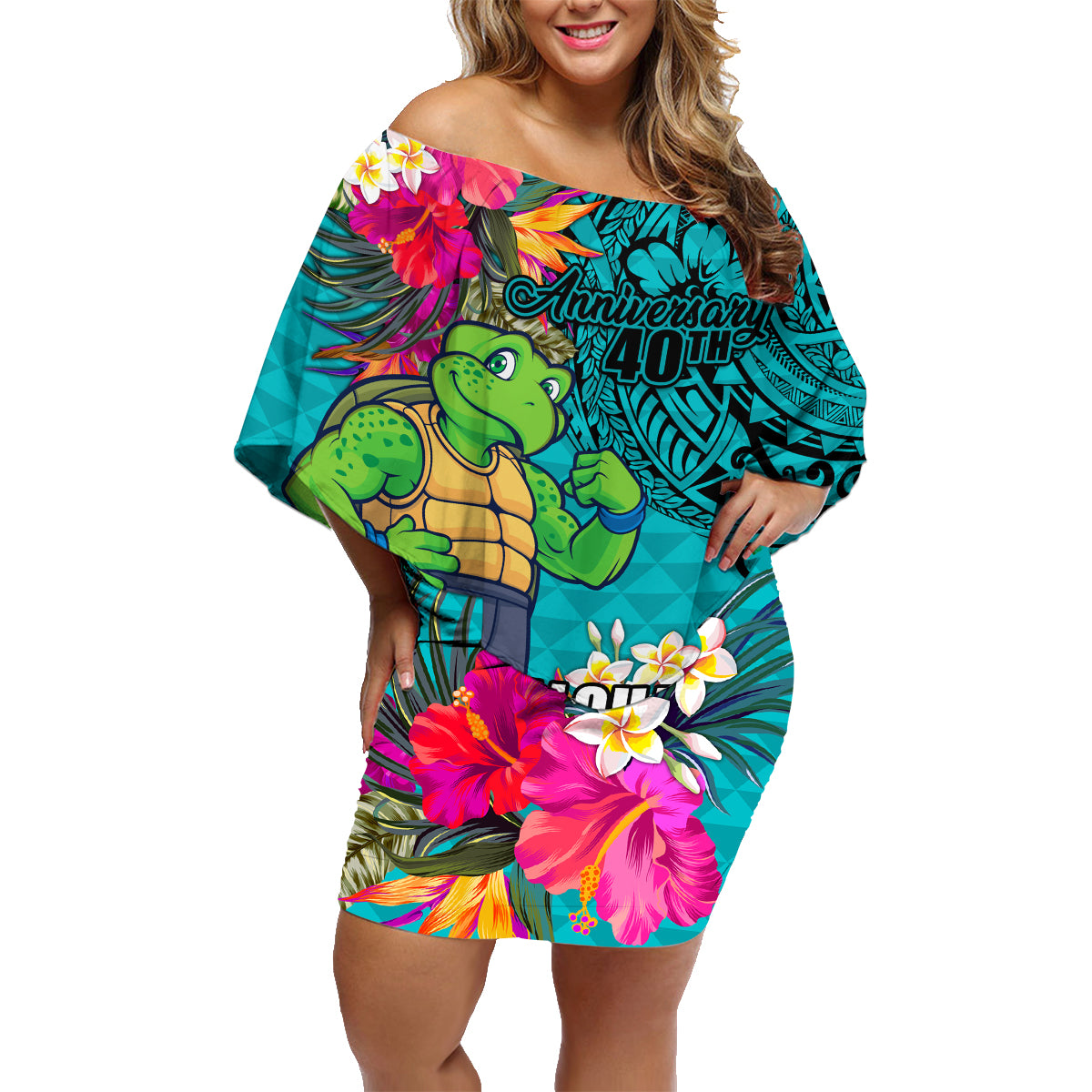 Hawaii Great Aloha Run 40th Anniversary Family Matching Off Shoulder Short Dress and Hawaiian Shirt With Turtle Mascot Marathon Hibiscus and Kakau LT03 Mom's Dress Turquoise - Polynesian Pride