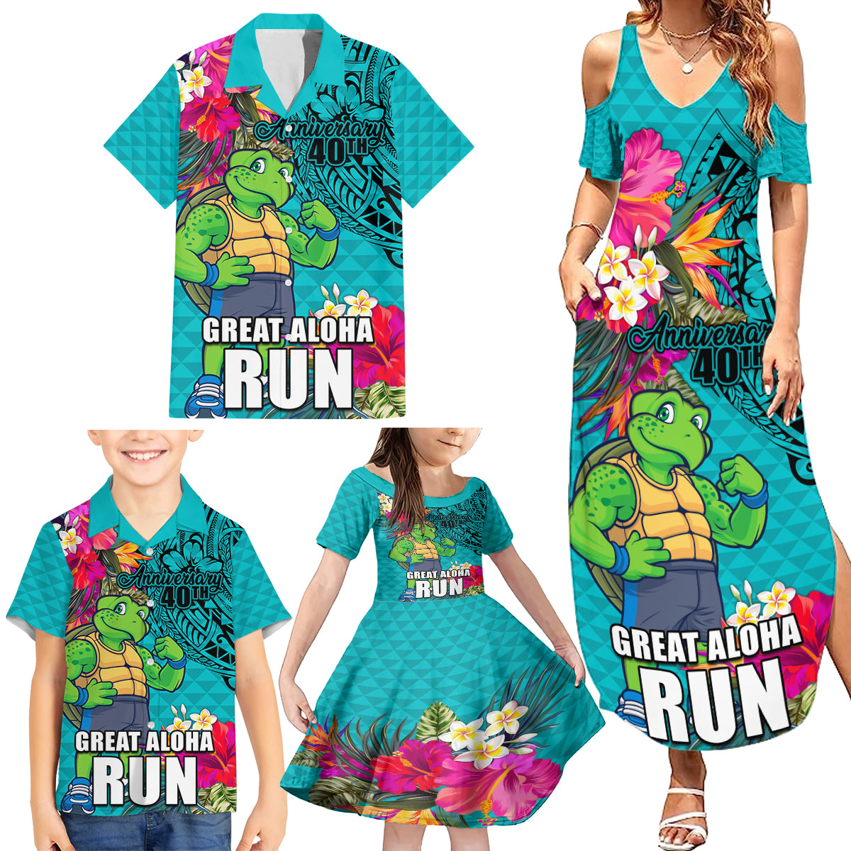 Hawaii Great Aloha Run 40th Anniversary Family Matching Summer Maxi Dress and Hawaiian Shirt With Turtle Mascot Marathon Hibiscus and Kakau LT03 - Polynesian Pride