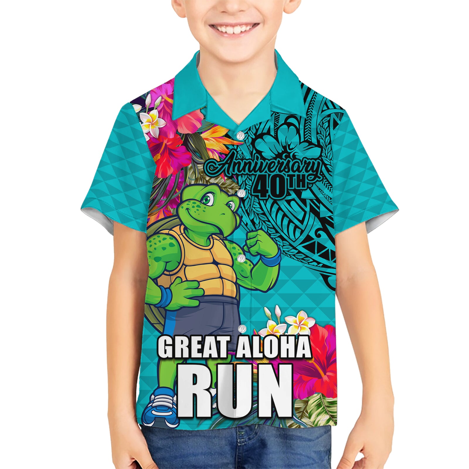 Hawaii Great Aloha Run 40th Anniversary Kid Hawaiian Shirt With Turtle Mascot Marathon Hibiscus and Kakau LT03 Kid Turquoise - Polynesian Pride