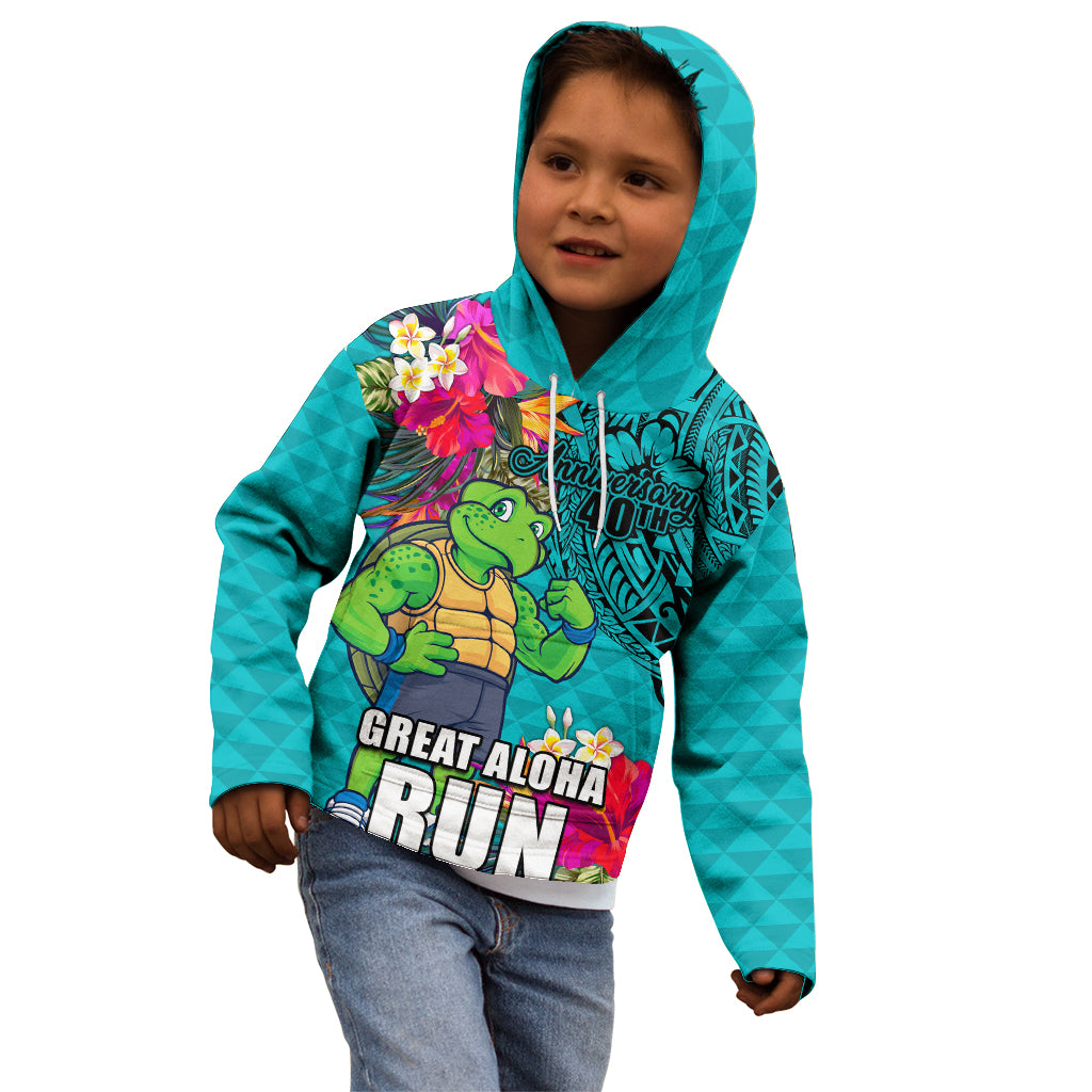 Hawaii Great Aloha Run 40th Anniversary Kid Hoodie With Turtle Mascot Marathon Hibiscus and Kakau LT03 - Polynesian Pride