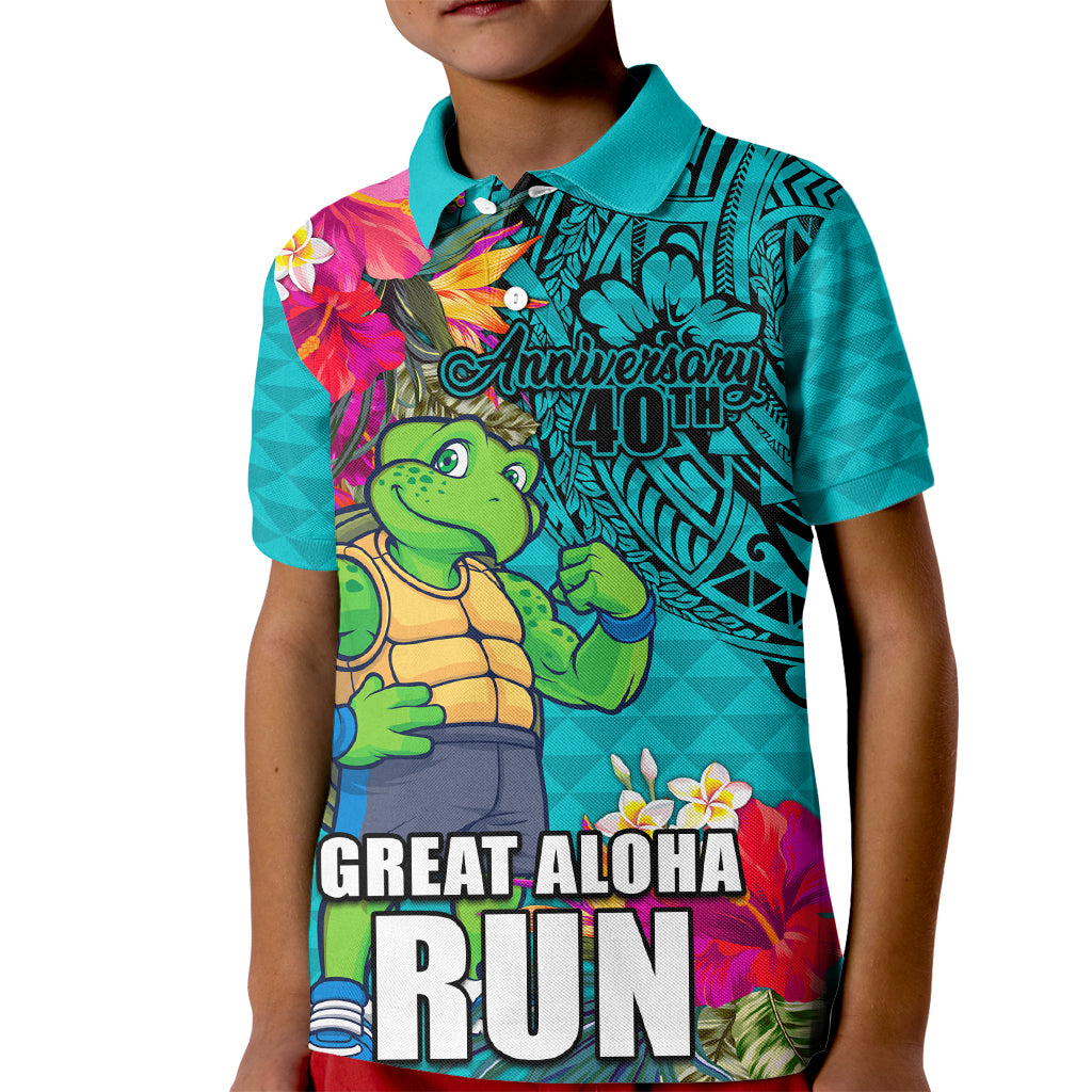 Hawaii Great Aloha Run 40th Anniversary Kid Polo Shirt With Turtle Mascot Marathon Hibiscus and Kakau LT03 Kid Turquoise - Polynesian Pride