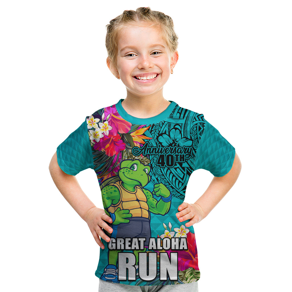 Hawaii Great Aloha Run 40th Anniversary Kid T Shirt With Turtle Mascot Marathon Hibiscus and Kakau LT03 Turquoise - Polynesian Pride